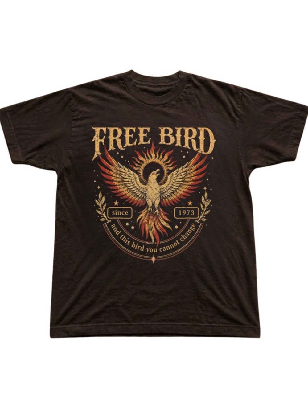 Brown Tee with Red & Gold Phoenix Free Bird Graphic